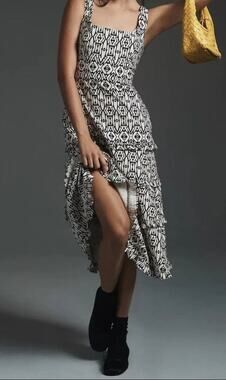 Anthropologie The Blythe Dress Women 1X Black White Tiered Square Neck 2578